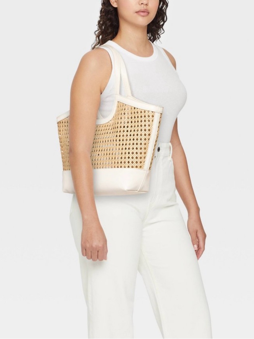 A New Day Woven Rattan Cane Tote Bag Cream NWT
